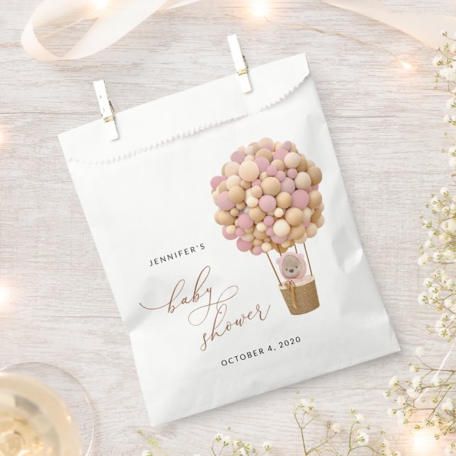 Bear, Pink Balloons, Hot Air Balloon, Baby Shower Favour Bag (Clipped)