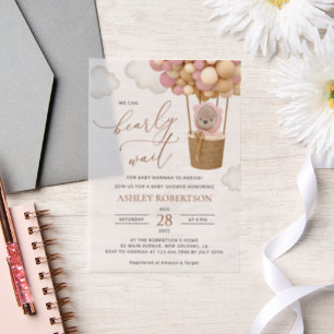 Bear, Pink Balloons, Hot Air Balloon, Baby Shower Vellum Invitations