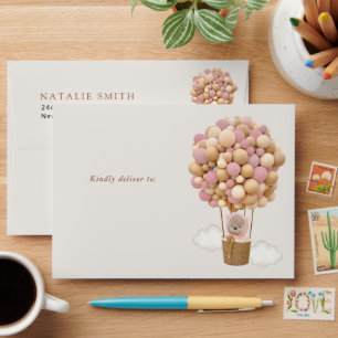 Bear, Pink Balloons, Hot Air Balloon, Birthday Envelope
