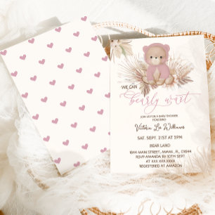 Bear Pink Boho Bearly Wait Girl Baby Shower  Invitation