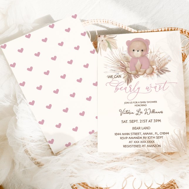 Bear Pink Boho Bearly Wait Girl Baby Shower  Invitation (Creator Uploaded)