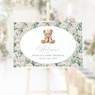 Bear, Pink Bow, Pink Flowers, Baby Shower Welcome Poster