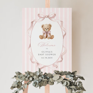 Bear, Pink Bow, Pink Stripes, Baby Shower Welcome Poster