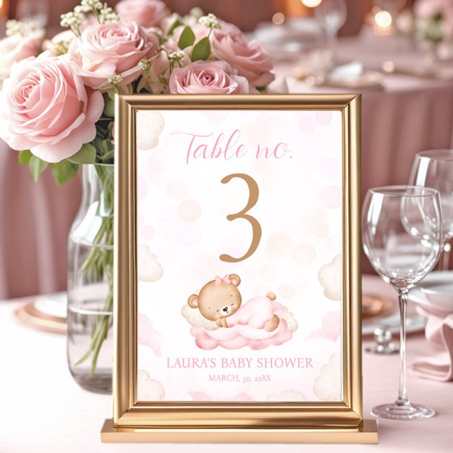 Bear Pink Girl Baby Shower Table Number Sign (Bear Pink Girl Baby Shower Table Number Sign)