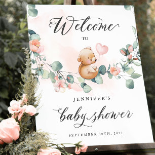 Bear Pink Girl Baby Shower Welcome Sign