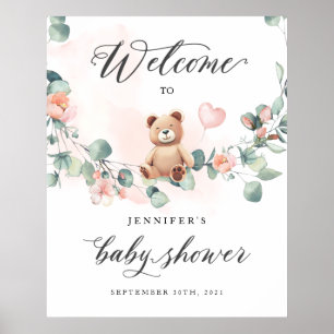 Bear Pink Girl Baby Shower Welcome Sign