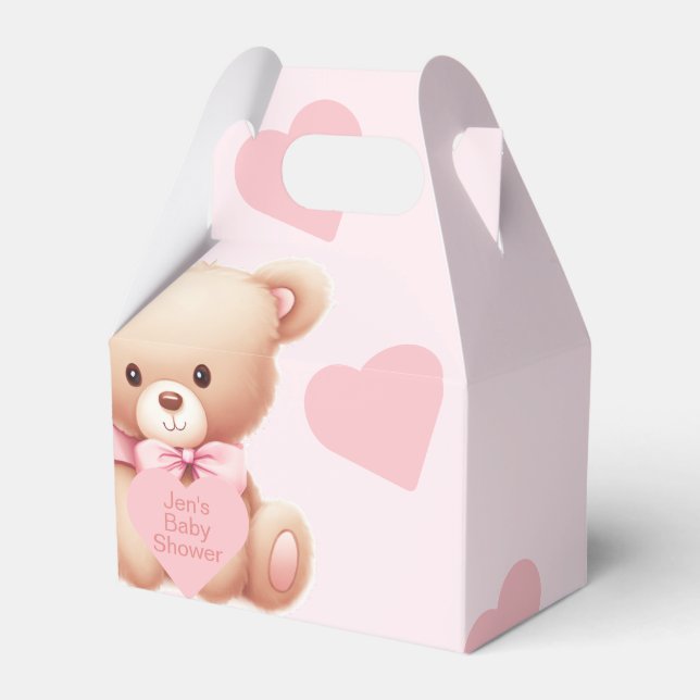 Bear Pink Hearts Baby Shower Favour Boxes (Front Side)