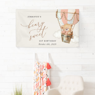 Bear, Pink Hot Air Balloon, First Birthday Welcome Banner
