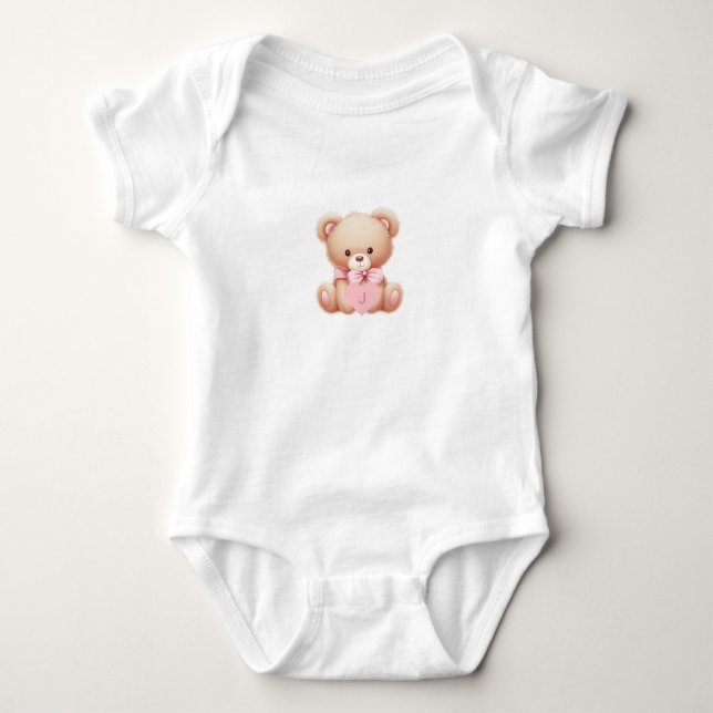 Bear Pink Monogram Baby Jersey Bodysuit   (Front)
