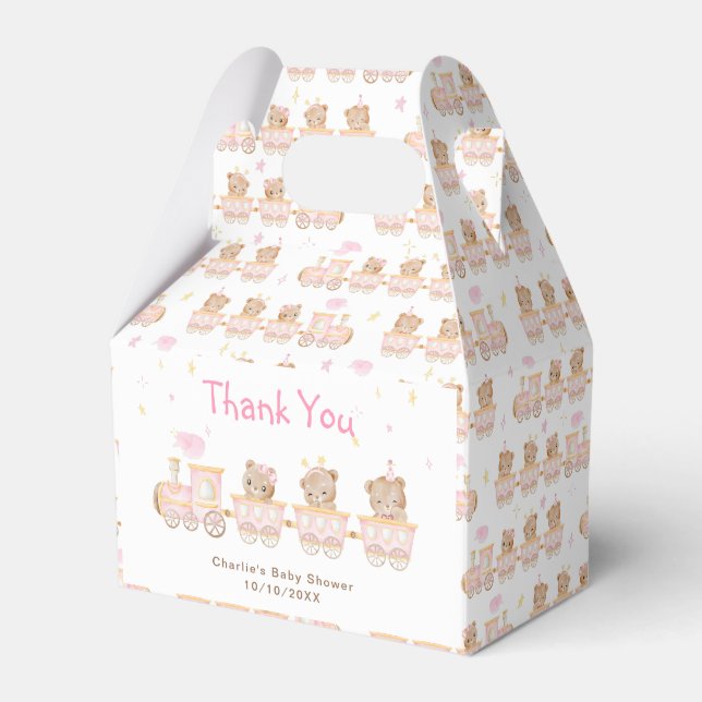 Bear Pink Train Baby Shower Thank You Favor Box (Front Side)