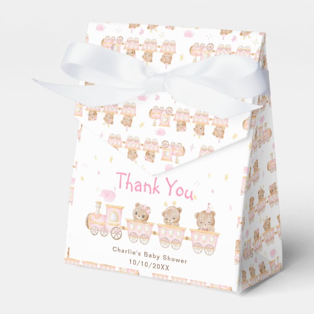 Bear Pink Train Baby Shower Thank You Favor Box (Front Side)