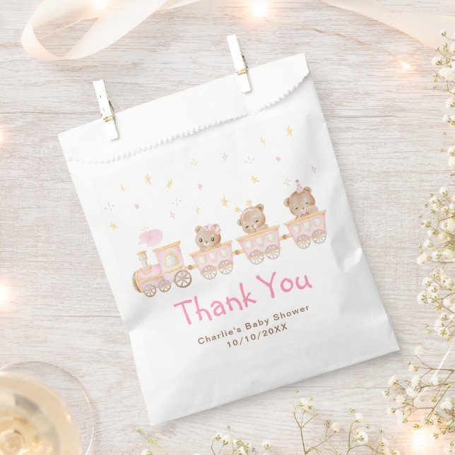 Bear Pink Train Baby Shower Thank You Favour Bag (Clipped)