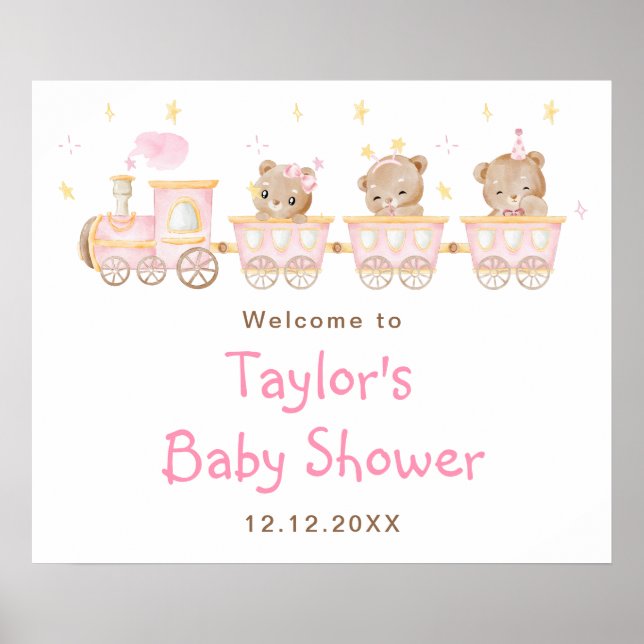 Bear Pink Train Baby Shower Welcome Poster (Front)