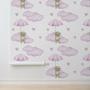 Bear Pink Umbrella Clouds Hearts Baby Girl Nursery Wallpaper