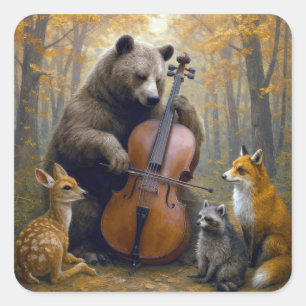 Bear Playing the Cello in Autumn Woods Square Sticker