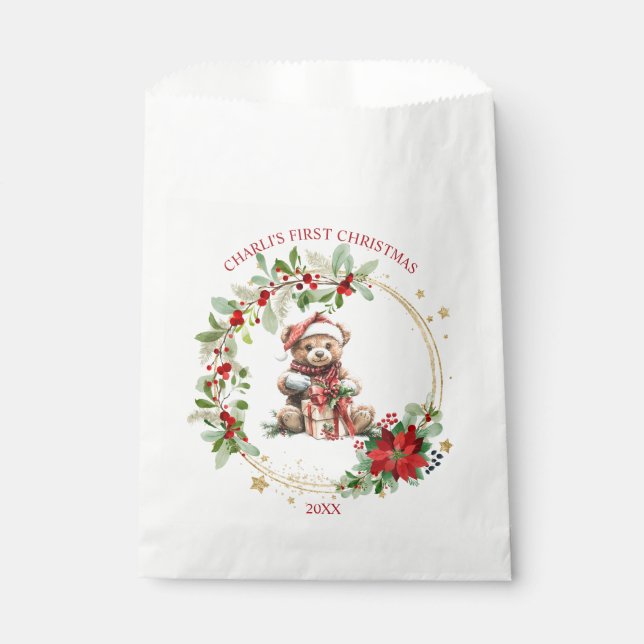 Bear Poinsettia Foliage Baby's First Christmas Favour Bag (Front)