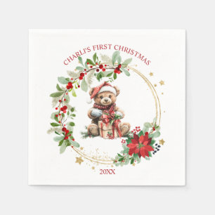 Bear Poinsettia Foliage Baby's First Christmas Napkin