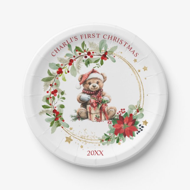 Bear Poinsettia Foliage Baby's First Christmas Paper Plate (Front)