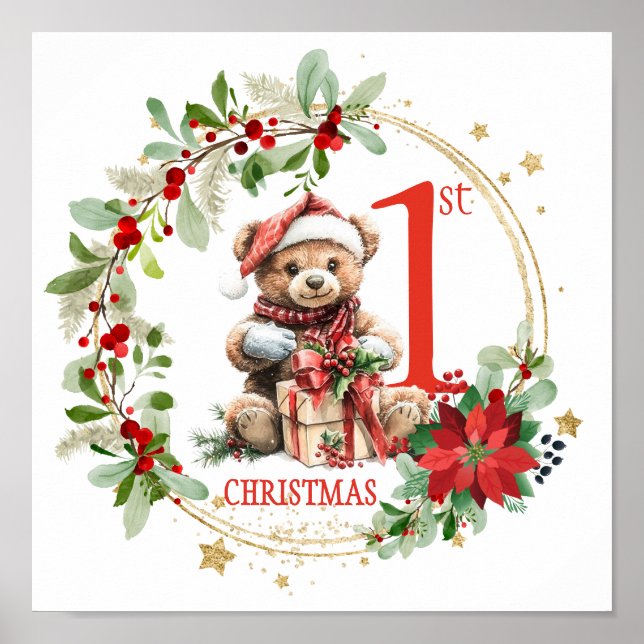 Bear Poinsettia Foliage Baby's First Christmas Poster (Front)