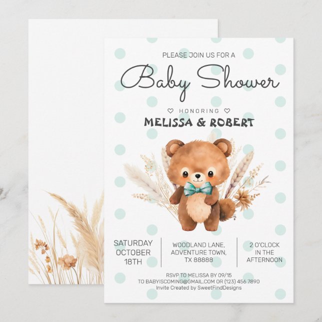 Bear Polka Baby Boy Shower Invitation (Front/Back)