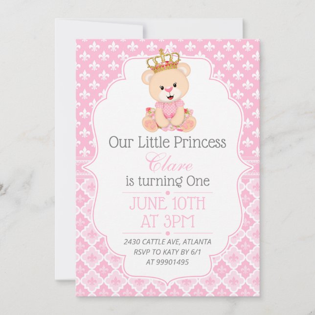 Bear Princess First Birthday Invitation (Front)