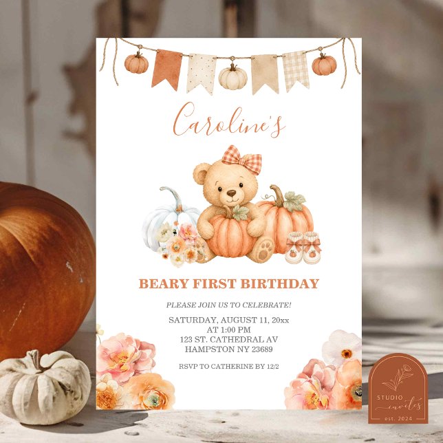 Bear Pumpkin First Birthday Invitation (Creator Uploaded)