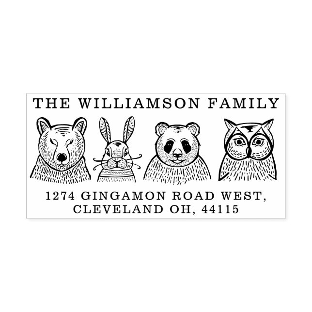 Bear, Rabbit, Panda & Owl Family Return Address Self-inking Stamp (Design)