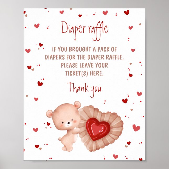 Bear Red Heart Baby Shower Diaper Raffle Sign (Front)