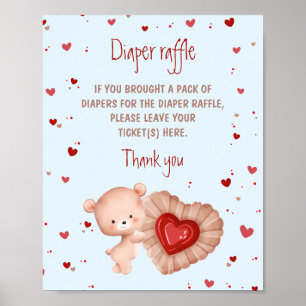 Bear Red Heart Boy Baby Shower Diaper Raffle Sign