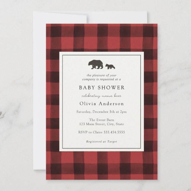 Bear Red Plaid Baby Shower Invitation (Front)