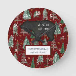 Bear Red Woodland Forest Baby Boy Birth Stats Round Clock