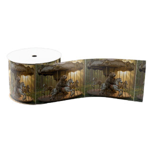 Bear Riding a Carousel Horse in a Forest Grosgrain Ribbon