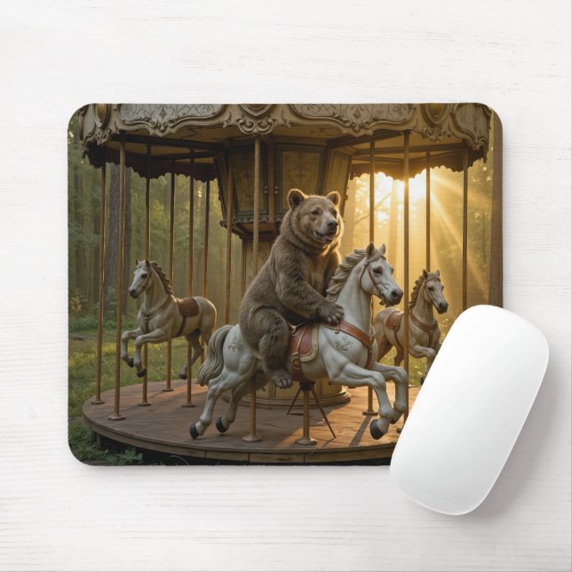 Bear Riding a Carousel Horse in a Forest Mouse Pad (With Mouse)