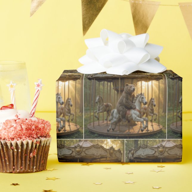 Bear Riding a Carousel Horse in a Forest Wrapping Paper (Birthday Party)