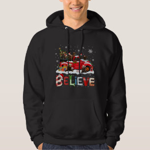 Bear Riding Red Truck Christmas Tree Believe Santa Hoodie
