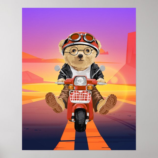 Bear Riding Scooter Desert Sunset Poster (Front)