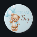 Bear round pin for gender reveal team boy<br><div class="desc">Bearly wait baby bear gender reveal.
TEAM BOY button,  look for team girl button in my shop.
This items was designed for a 3 inch size button,  you can also print smaller.
For any custom orders please contact me.
Thank you!</div>