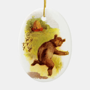 Bear Running From Bees Ceramic Ornament