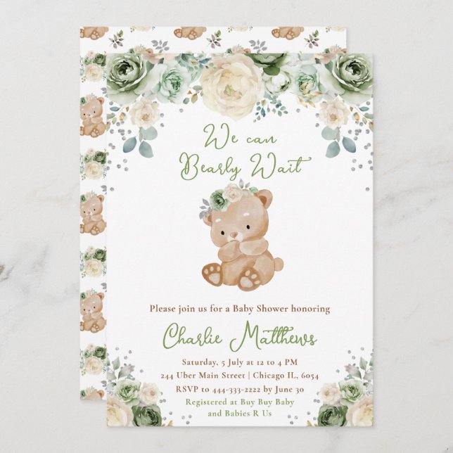 Bear Sage Green and Ivory Flowers Baby Shower Invitation (Front/Back)