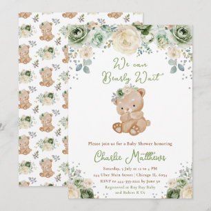Bear Sage Green and Ivory Flowers Baby Shower Invitation