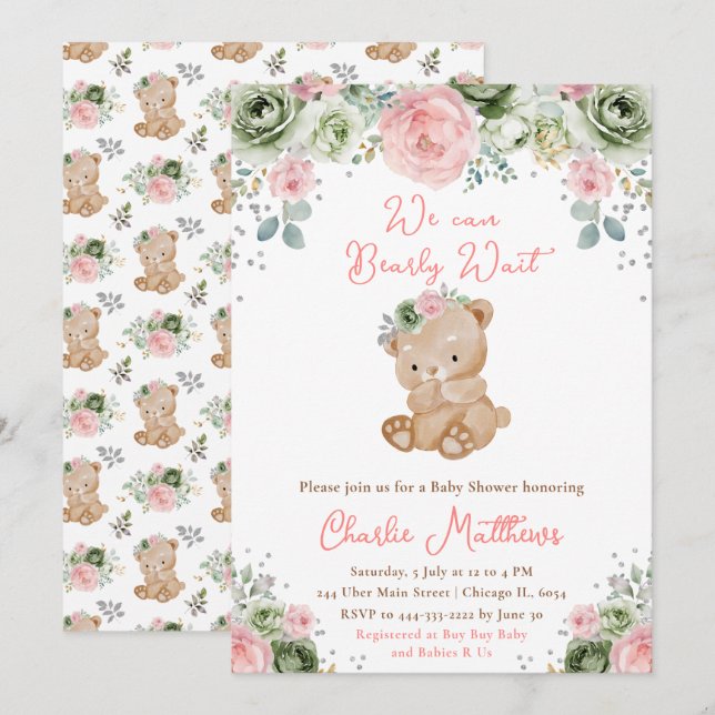 Bear Sage Green and Pink Flowers Baby Shower Invitation (Front/Back)