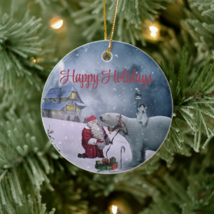  Bear, Santa Claus and Little House Ceramic Ornament