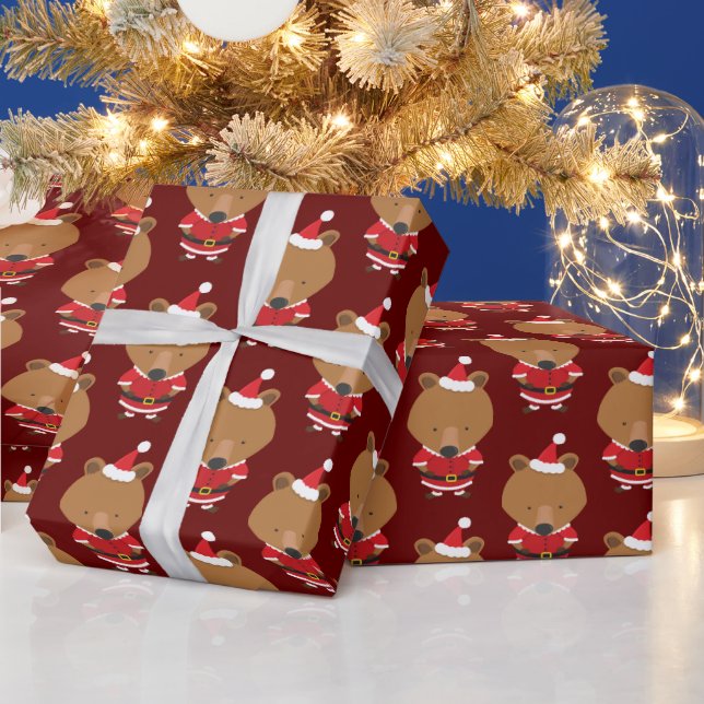 Bear Santa Hat Burgundy Christmas Holiday Wrapping Wrapping Paper (Holidays)