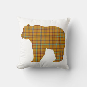 Bear Shape Plaid Orange Light Blue Cabin Core Throw Pillow