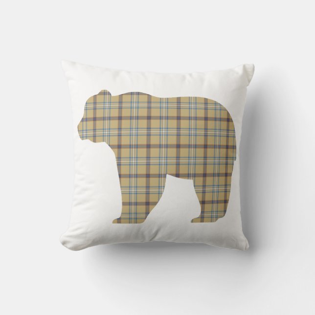 Bear Shape Plaid Tan Blue Cabin Core Throw Pillow (Front)