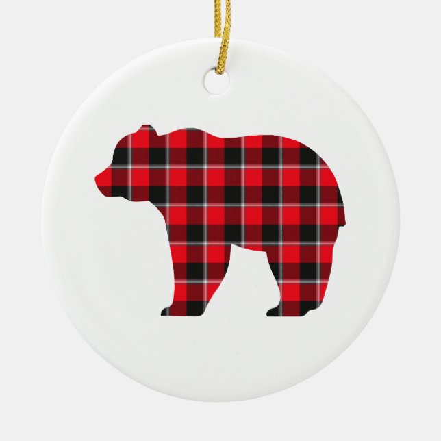 Bear Shaped Plaid Red Black Buffalo Ceramic Ornament (Front)