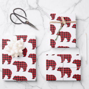 Bear Shaped Plaid Red Black Buffalo Wrapping Paper Sheet