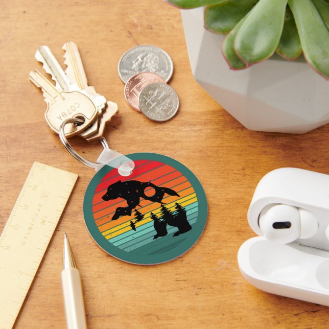 Bear Silhouette Stripe Retro Sunset Keychain (Desk)