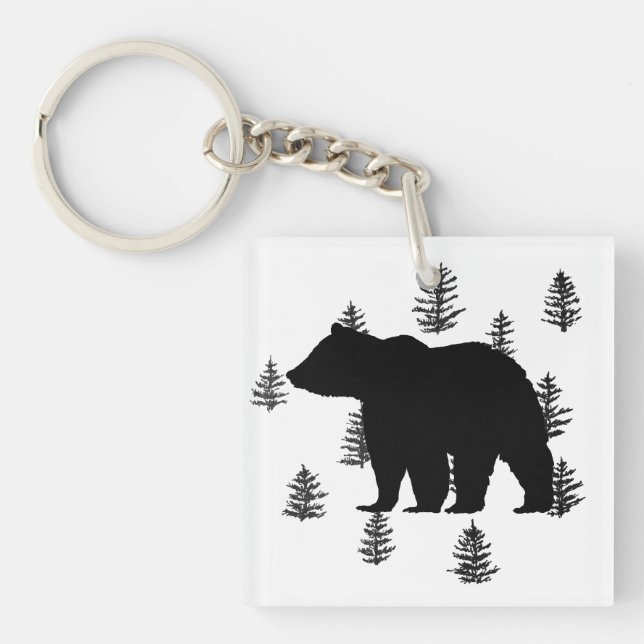 Bear Silhouette Trees Wilderness Mountain Keychain (Front)