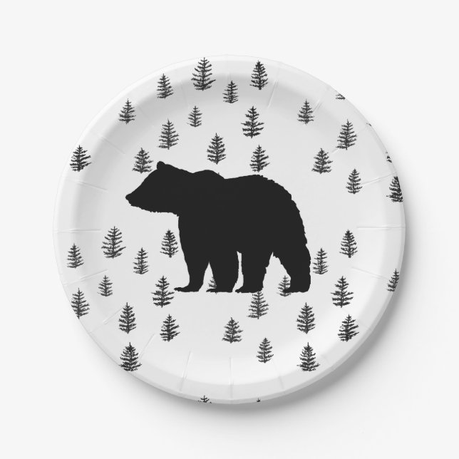 Bear Silhouette Trees Wilderness Mountain Paper Plate (Front)